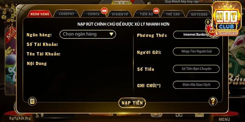 Hướng dẫn nạp tiền qua ngân hàng